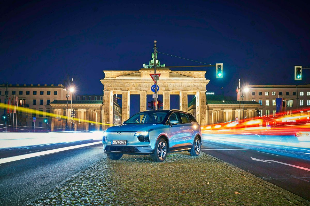 Silver blue Aiways U5 standing in front of the Brandenburg Gates in Berlin Germany