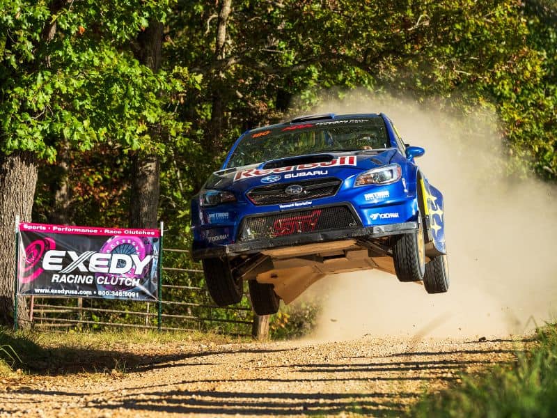 2020 Subaru Impreza STI jumping on an American rally stage